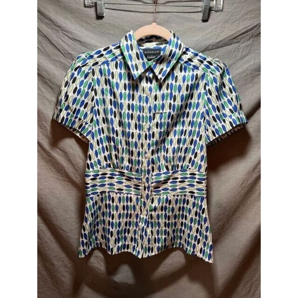 Rafaella Button Up Shirt Womens Small‎ White Geometric Short Sleeve Ladies.